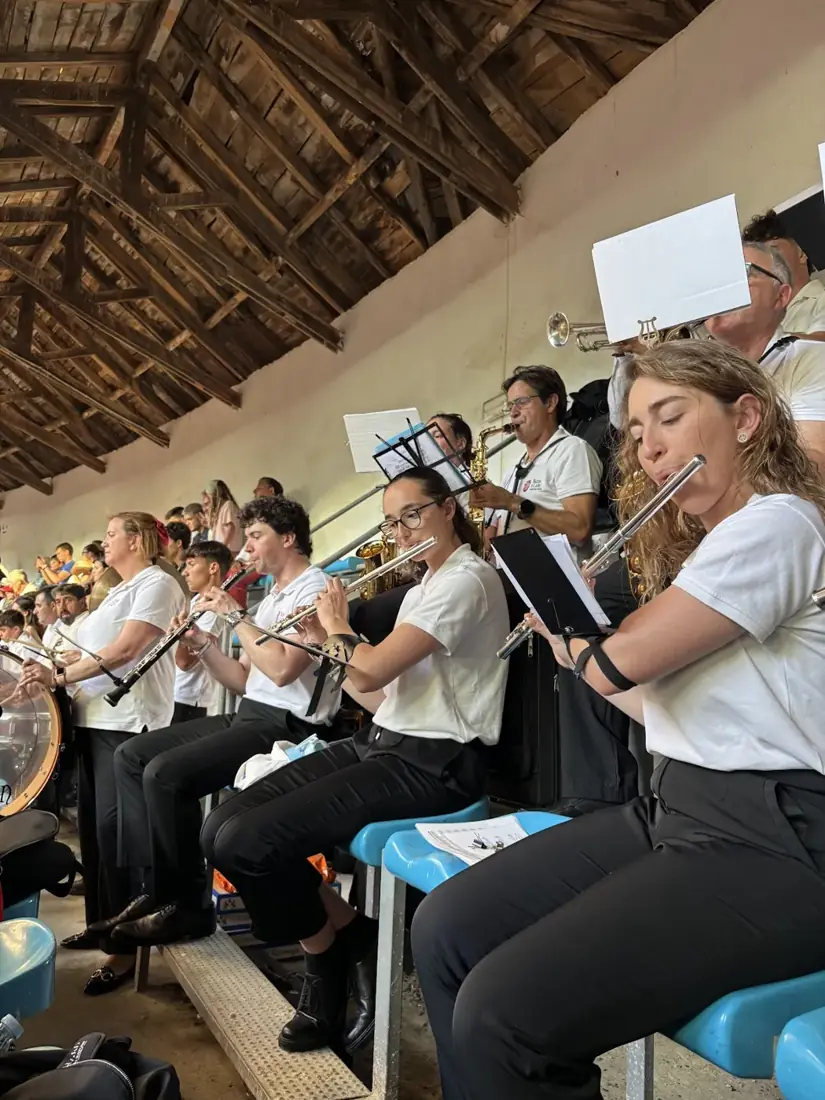 Músicos de la Banda Reino de León durante una actuación, con flautas, clarinetes y saxofones